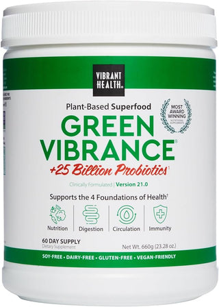 Vibrant Health, Green Vibrance, Includes 65 Plant-Based Superfoods, 25 Billion Probiotics, Fiber, Adaptogens & Enzymes, 60 Servings