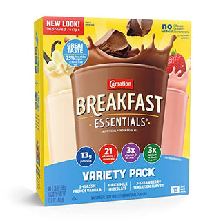 Carnation Breakfast Essentials Complete Nutritional Drink Rich Milk Chocolate / Classic French Vanilla / Strawberry Sensation Flavor 1.26 oz. 60 Ct